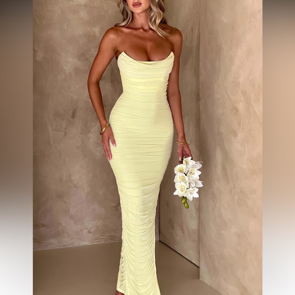 Strapless Ruched Maxi Dress in Pale Yellow